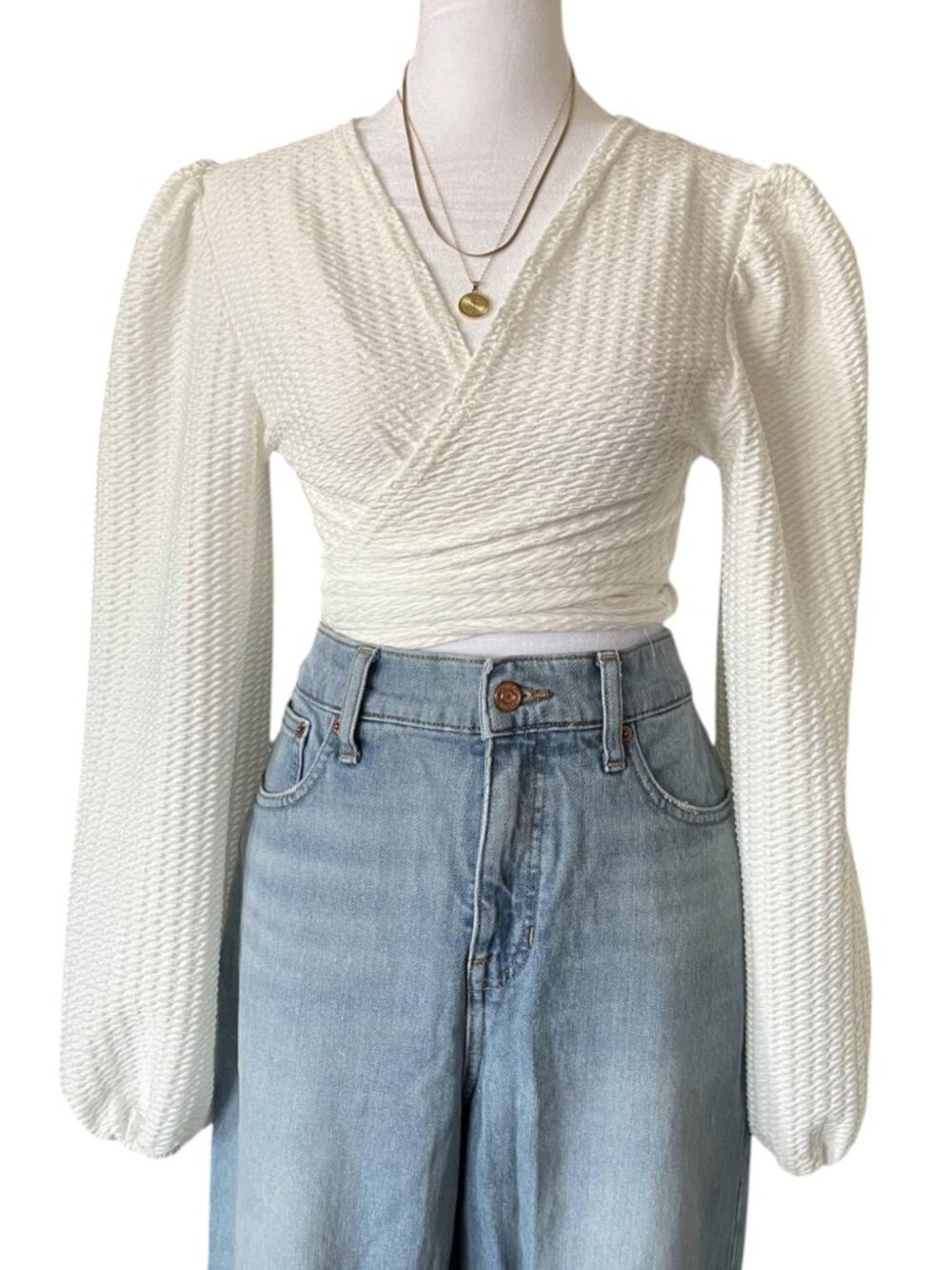Missguided White Long Blouson Sleeve Adjustable Wrap-Tie Crop Top - Size 4 US